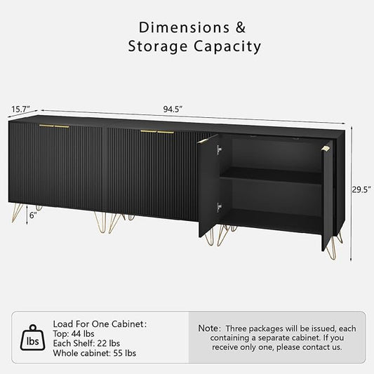 Fluted Storage Cabinet, Set of 3, Sideboard Buffet Cabinet, Modern Wood Accent Cabinet with Adjustable Shelves, Console Table for Living Room, Hallway, Entryway, Black