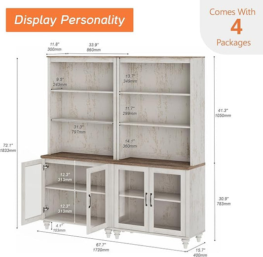 WAMPAT 5 Tier Bookshelf, Bookcase with Glass Doors,Large Farmhouse Display Book Shelf with Adjustable Shelves and Storage Cabinet,Library Wood Bookshelves for Living Room,Kitchen, Rustic White (2PCS)