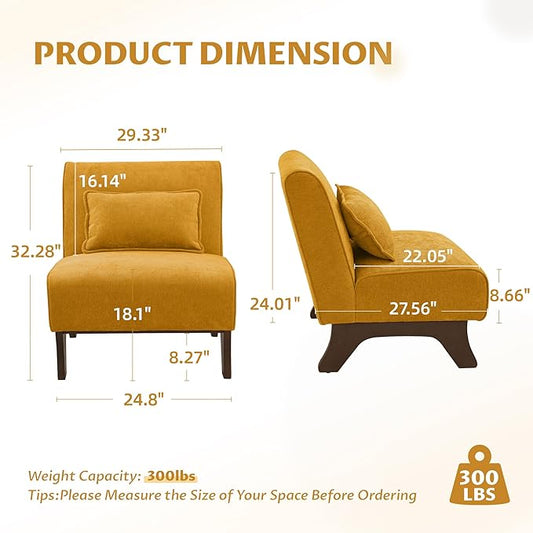 Upholstered Armless Accent Chair,Modern Comfy Living Room Chairs with Wooden Legs& Pillows,Lounge Sofa Side Chair for Bedroom Farmhouse Reading (Yellow, 1 PC)