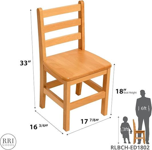 Kids Wooden Chair Set, Fully Assembled Ladderback Wood Chairs for Teens, Adults, Teachers, 18" Seat Height for Ages 13+ (Set of Two)