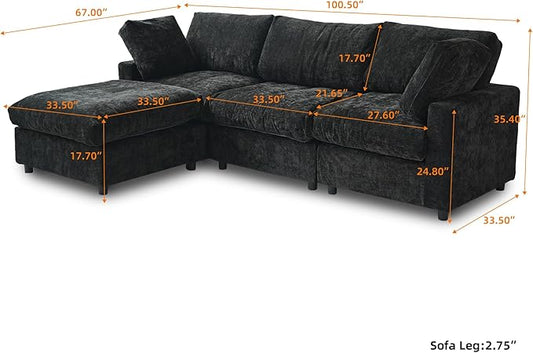 WJShome Modular Sectional Cloud Couch Modern L Shaped Sofa with Ottoman, 100 Inch 3-Seat Chenille Deep Seat Couches for Living Room, Bedroom and Apartment,Black