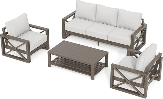 UDPATIO Aluminum Patio Furniture Set, 4 Piece Faux Wood Outdoor Patio Sets with Coffee Table, Metal Patio Furniture Set Modern Outdoor Sectional for Deck Porch Patio, Light Grey
