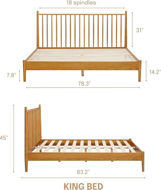 NTC Inno Wooden Bed Frame with Headboard, Solid Oak and Rubber Wood Foundation with Silent Slats and Wood Central Supports, 1000 Lb Capacity, Effortless Assembly, King - Rustic Oak