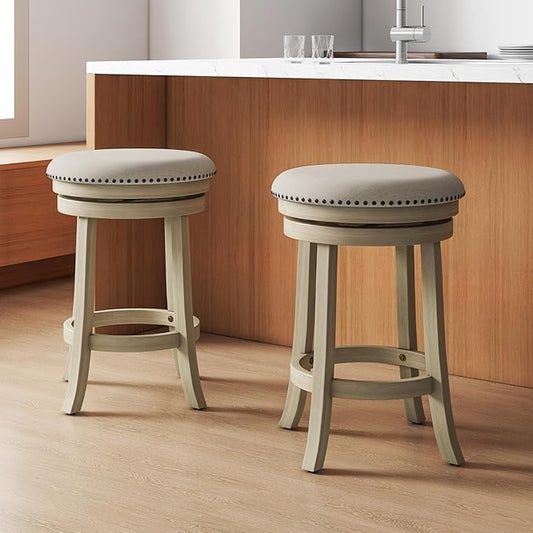 COSTWAY 360° Swivel Bar Stools Set of 2, 26.5-inch Height Upholstered Round Barstools with Wooden Frame, Seat and Footrest, Backless Solid Wood Counter Stools for Kitchen Island Bistro Pub, Beige