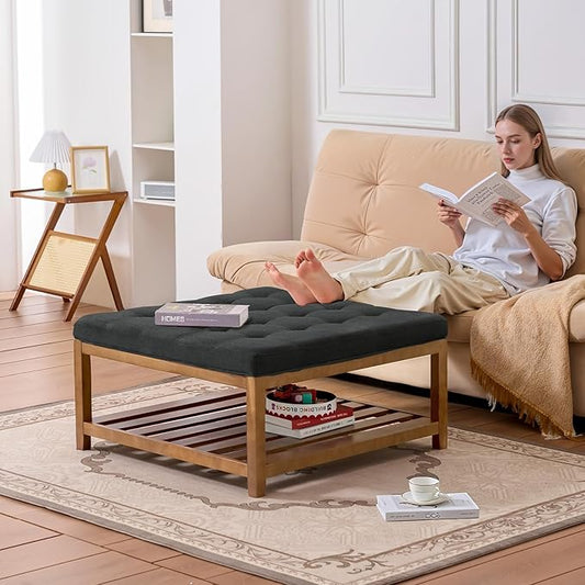 VEVOR Large Square Ottoman Coffee Table, 34.5 Inch Tufted Coffee Table with Solid Wood Shelf Storage, Linen Solid Upholstered Footrest Ottoman for Bedroom Living Room, 400 LBS, Dark Grey