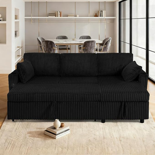 84" Corduroy Pull Out Sofa Bed w/Adjustable Backrests, Sectional L-Shape Sleeper Sofa w/Storage Chaise, Convertible Couch Bed w/USB Charging Port & Cup Holders for Living Room, House, Black