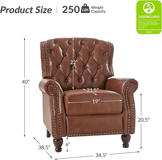 HULALA HOME Genuine Leather Recliner Chair Set of 2 w/Solid Wood Feet, Modern Adjustable Tufted Push Back Arm Chair w/Rivet Decoration, Home Theater Seating Reclining Sofa for Living Room, Brown