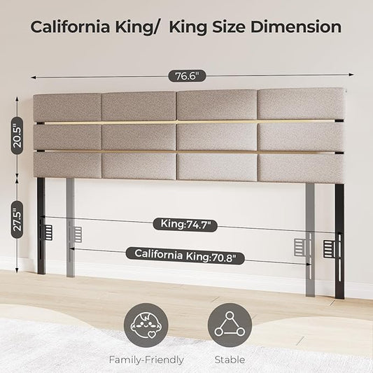 King/Cal King Size Upholstered Headboard, Adjustable Head Boards with LED Light & Charging Station, Bed Headboard Only, Attach Frame, Ideal for Bedroom, Dorm, Guest Room, Beige