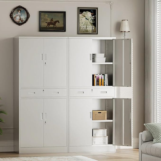 Metal Storage with 1 Drawer, 71" Cabinet with 4 Locking Doors and 2 Adjustable Shelves, Steel Storage File Cabinet for Pantry, Kitchen, Office, Garage (White)