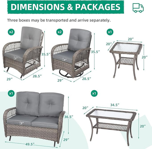 VIVIJASON 7-Piece Outdoor Patio Wicker Conversation Sets, All Weather Outdoor Rattan Furniture Set Includes Glider Loveseat, 2 Glider Rocker Chairs, 2 Swivel-Gliders Chairs, 2 Coffee Table, Grey