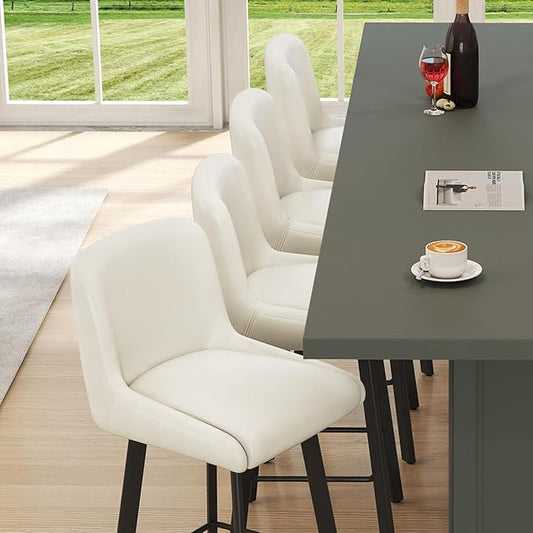 Swivel Bar Stools, 26''H Upholstered Barstools with Backs, Modern Counter Height Bar Stool Chairs for Kitchen Island, Metal Legs (Beige- Faux Leather, Set of 6-26" H)