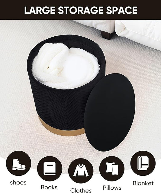 B FSOBEIIALEO Ottoman with Stroage, Round Velvet Storage Ottoman with Gold Plating Base,Foot Rest Stool for Dorm Room, Living Room Black, 14.76"x14.76"x16.35"