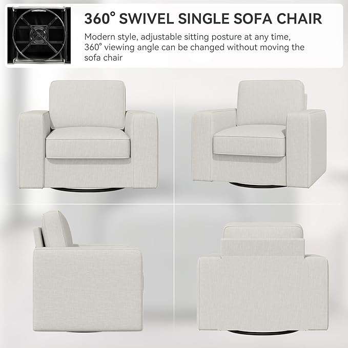 360 Degree Rotation Swivel Accent Sofa Chairs Set of 2, 36'' Width Oversized Armchairs Linen Living Room,Reading-Khaki