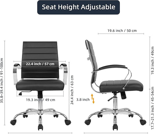 LANDSUN Home Office Chair Mid Back Desk Chair PU Leather Ribbed Executive Swivel Computer Chair with Wheels and Armrests Soft Padded Adjustable Height Conference Task Black