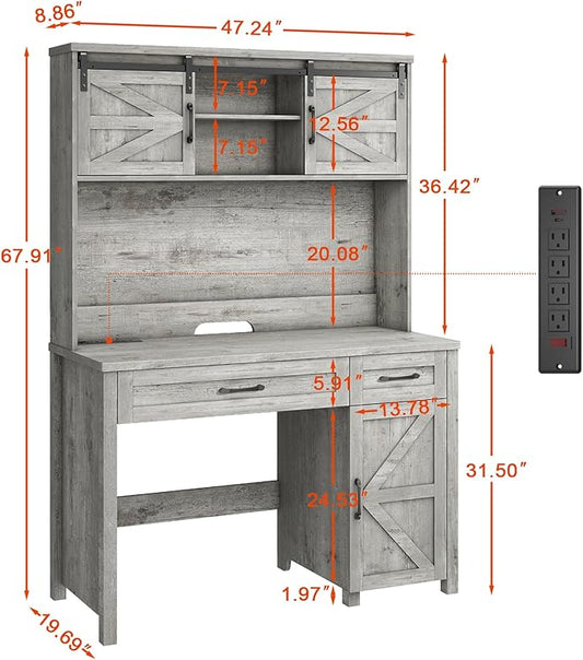 Vabches Farmhouse 47" Executive Desk, Computer Desk with Drawers and Storage Cabinet, Workstation with Hutch for Home Office