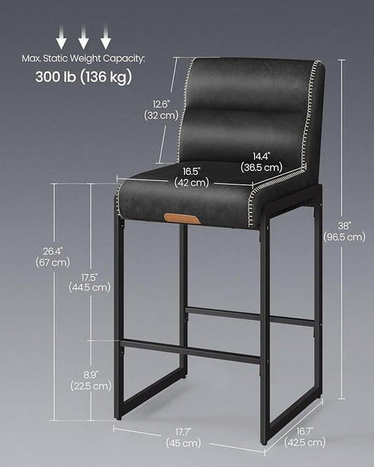 VASAGLE EKHO Collection - Bar Stools Set of 2, Counter Height Stools with Backs, 26.4-Inch Barstools Chairs, Synthetic Leather with Stitching, Mid-Century Modern, Dining Kitchen Island, Ink Black