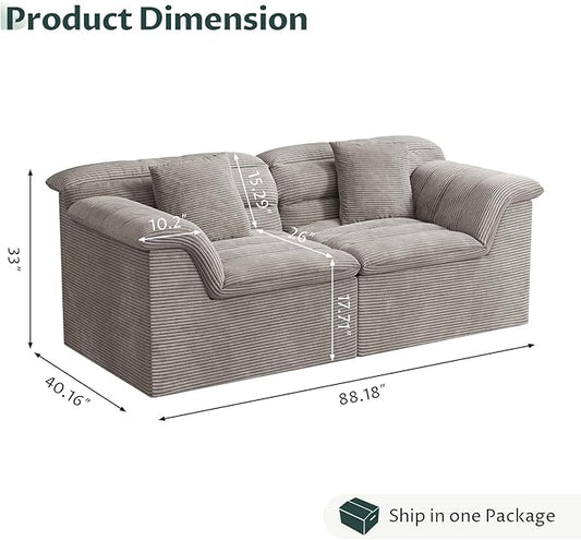 88" Sofa with Deep Seats Oversize, 3 Seater Cloud Couches, Upholstered Corduroy Couch for Living Room Bedroom, No Assembly Required, Light Gray