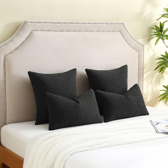 FUTEI Pack of 2 Black Decorative Throw Pillow Covers 20x20 Inch Soft Cozy Solid Boucle Textured Cushion Case,Modern Home Decor for Couch Bed Living Room