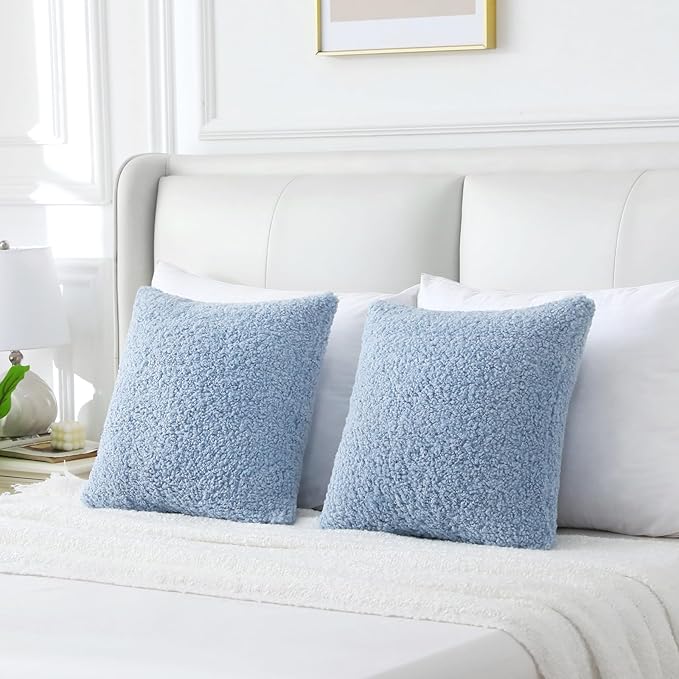 FUTEI Light Blue Throw Pillow Covers 24x24 Inch Set of 2,Furry Faux Fur Teddy Boucle Textured Cushion Covers,Soft Fluffy European Pillow Shams,Home Decor for Couch Bed Living Room Office Car