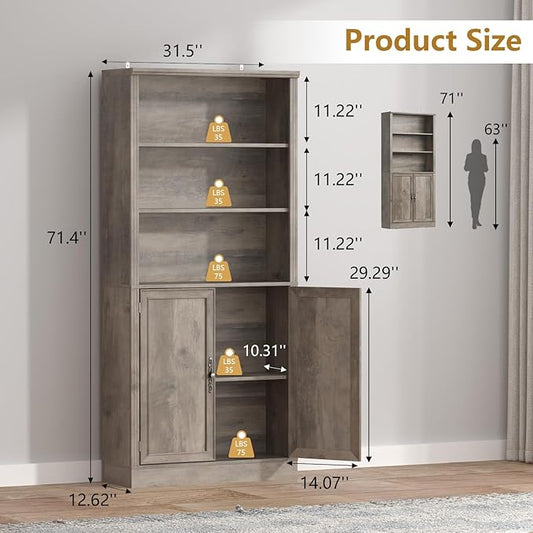 72'' Tall Bookcase with Doors, Adjustable Shelves, P2 MDF Construction, 32'' Wide Freestanding Cabinet with Metal Handles, Hidden Storage for Living Room, Bedroom, Grey