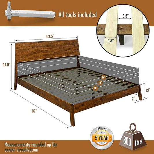 Acacia Serenity Bed Frame with Headboard Solid Wood Platform Bed, Queen Bed Frame, Tall Headboard Wood Bed Compatible with All Mattress Types, No Box Spring Needed, Quick & Easy Assembly, Caramel