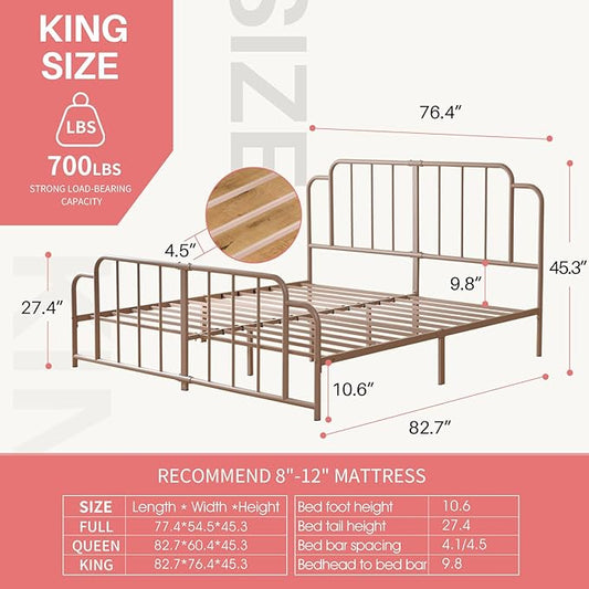 PINJU Metal Platform Bed Frame with Headboard and Footboard, Classic Style, Sturdy Metal Slats, No Box Spring Needed, Easy Installation (Pink, King)