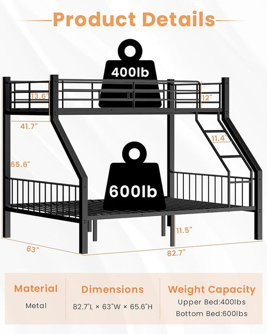 Twin XL Over Queen Bunk Bed, Heavy Duty Bunk Bed with EVA Padded Ladder and Full-Length Guardrails, Metal Queen Bed Frame with Slats Support for Adults, Teens, Kids, Black