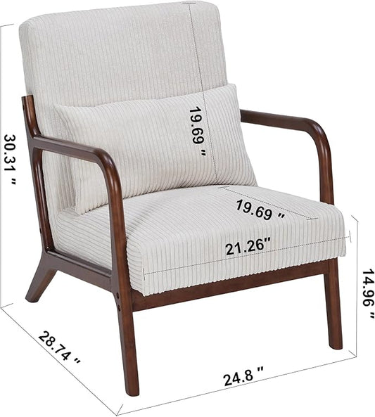 Accent Chairs, Set of 2 Mid-Century Modern Chair with Pillow, Armchair with Solid Wood, Reading Relaxing Leisure Chair for Living Room(White)