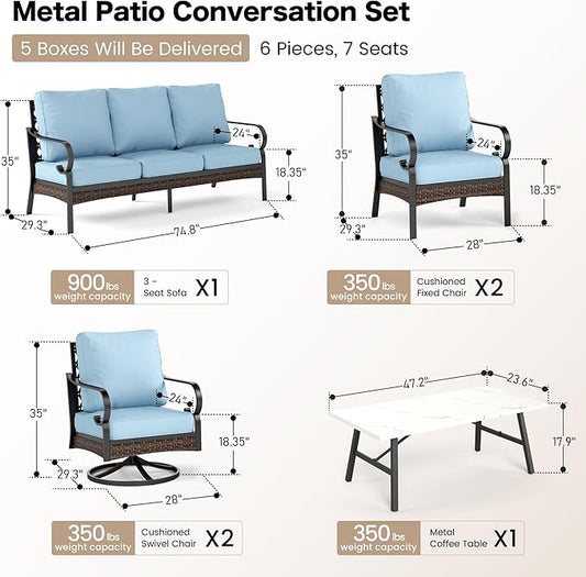 6 Piece Metal Outdoor Patio Furniture Set - 1 3-Seater & 2 Fixed & 2 Swivel Sofas with 5.75" Thick Cushion & Coffee Table - Black & Blue Backyard Furniture