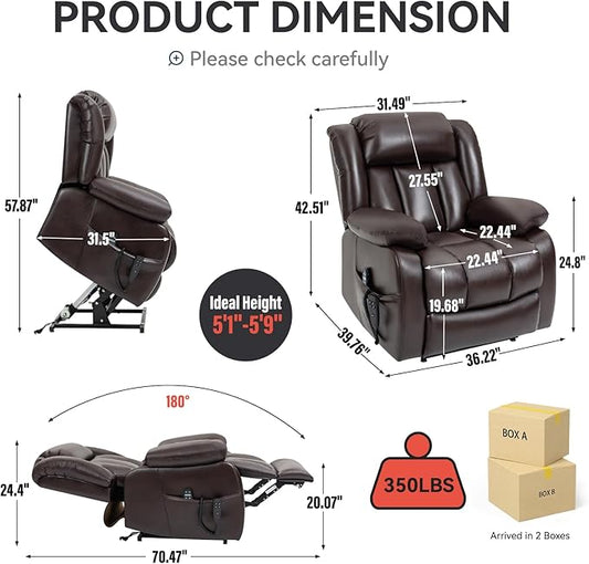 Luxlen Electric Power Lift Recliner Chair with Vibration Massage and Heat, Faux Leather Reclining Chairs for Elderly with Remote Controls, Side Pockets, Big and Tall Recliner, Brown