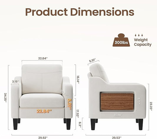 Accent Chair for Living Room Modern Linen Upholstered Armchair Side Wooden Fabric Sofa Chair with Foldable Table 2 Side Pockets Comfy Reading Chair for Bedroom