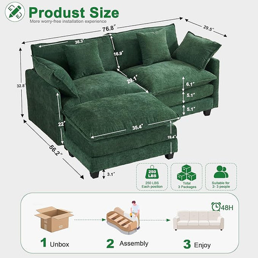 Cloud Chenille L-Shaped Sofa with Ottoman, 77" Space Saving Sectional Loveseat with Chaise, for Small Spaces, Easy Assembly, 1YR Warranty