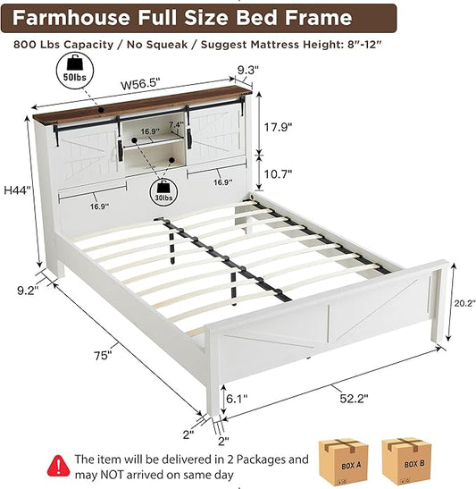 T4TREAM Farmhouse Full Size Bed Frame w/Storage Bookcase Headboard, Sliding Barn Door, Charging Station, Rustic Wood Platform Bed w/Wood Slats Support, No Box Spring Needed, Antique White