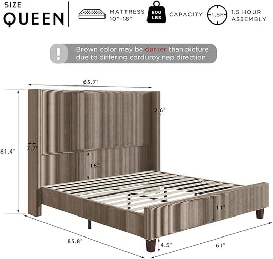 HOWE Queen Size 61" Corduroy Upholstered Bed Frame, Platform Bed with Vertical Stripe Wingback Headboard, No Box Spring Needed/Noise Free/Solid Wood Slats & Legs/Chestnut