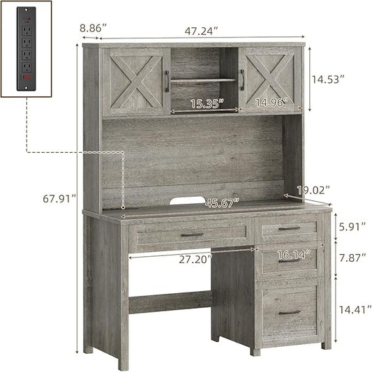 Farmhouse 67" H Executive Desk with Hutch,Office Desk with 4 Drawers and LED light, Wood Workstation for Home Office and Study, Computer Desk with Storage Cabinet,File Drawers, Charging Station.Gray