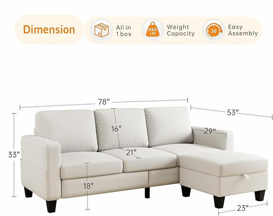 Sectional Sofa and Couches for Living Room, 78'' Beige 3 Seat L-Shaped Couch with Movable Ottoman, Comfy Fabric Convertible Sectionals Sofas with Chaise for Apartment, Office, Small Space