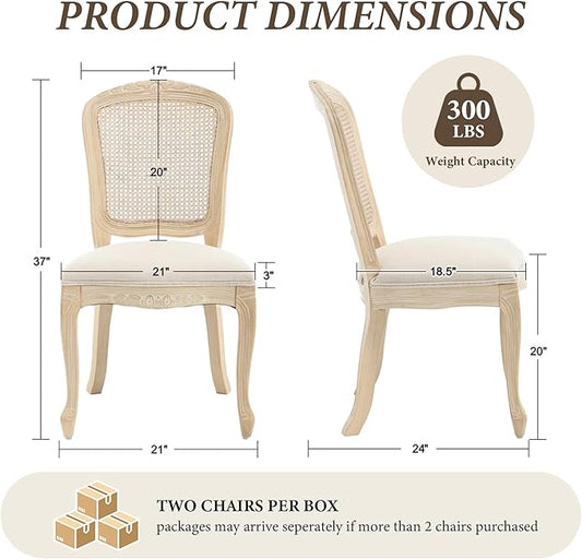 Wicker Dining Chairs Set of 6, Upholstered Linen Fabric Dining Room Chairs with Square High Rattan Back Farmhouse French Kitchen Chairs for Dining Table/Living Room/Restaurant, Cream
