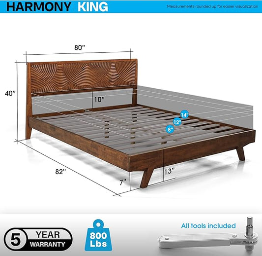 Acacia Harmony King Platform Bed Frame – Solid Rubber Wood, Walnut Finish, Mid-Century Modern Design, Natural Circular Wood Grain, 800lbs Support, No Box Spring Required, Easy Assembly