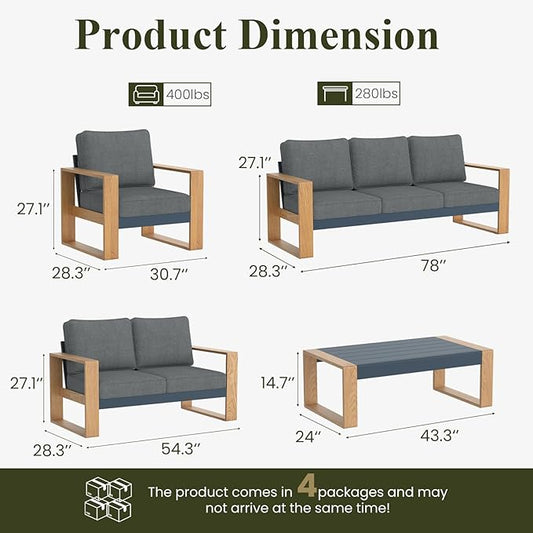 LayinSun 5 Pieces Aluminum Patio Furniture Set with Coffee Table, Oversized Seat with Hight Back, Outdoor Conversation Sets for Porch, Balcony, Deck