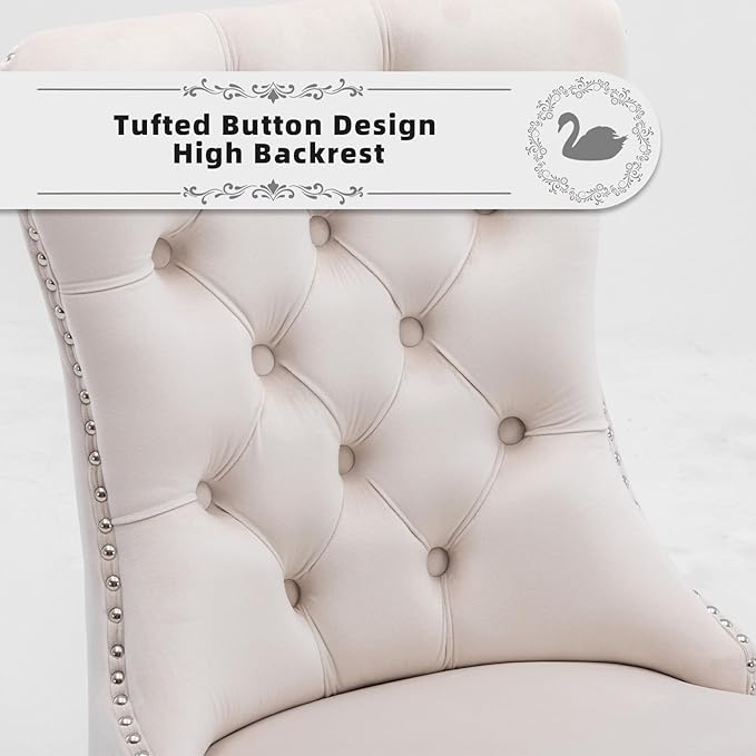 Velvet Upholstered Dining Chairs Set of 6, Modern Style Kitchen Side Chairs with Nailhead Trim and Wood Legs,Metal Pulling Ring for Dining Room Living Room(Beige,Set of 6)