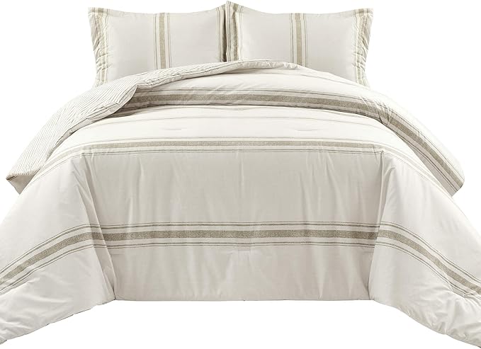 Lush Decor Farmhouse Stripe Reversible Cotton Comforter Set, 3 Piece Set, King, Neutral - Cozy Farmhouse Bedding Set - Rustic Decor - Striped Comforter - Modern Farmhouse Bedroom Decor