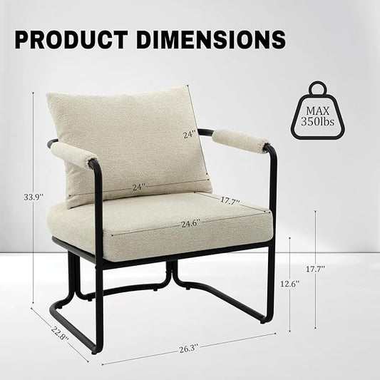 Accent Chairs Set of 2 for Living Room, Mid Century Modern Upholstered Reading Armchairs for Bedroom, Office, with Comfy Chenille Cushion & Metal Frame, Beige Cream