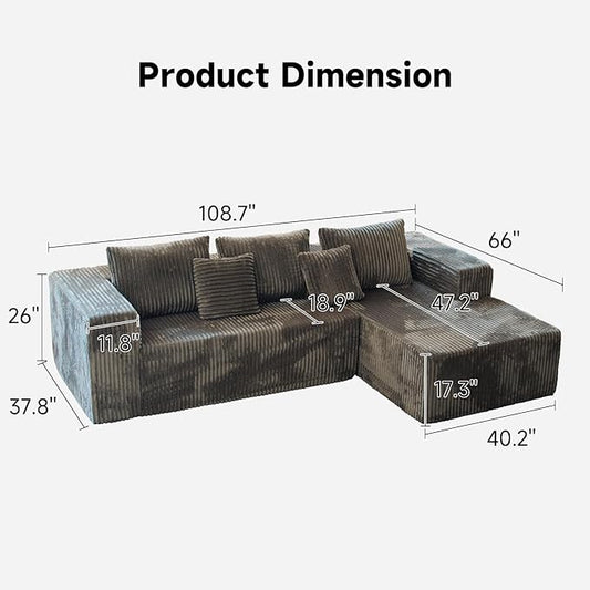 Upgrade 108’’ L Shape Cloud Couch, Plush Corduroy Sectional Sofa with Chaise, Boneless Couches for Living Room Bedroom, No Assembly Required (Khaki, Right Facing Chaise)