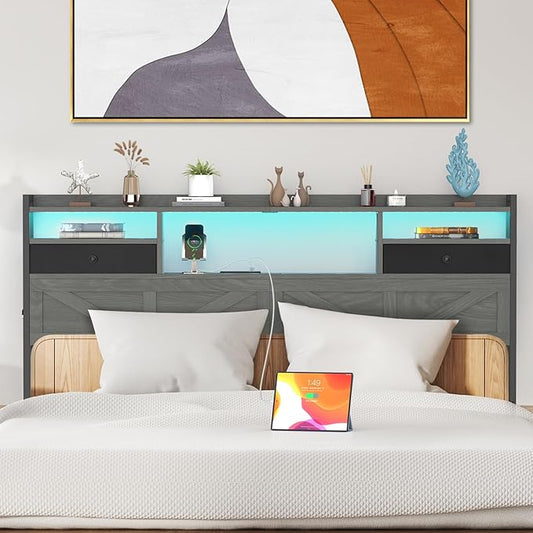 King Size Headboard with Drawers, Outlets & USB Ports,Sturdy Wood Bed Frame with Adjustable Height, Built-in LED Lighting (Grey, King 75.2 * 7.08 * 45.7)