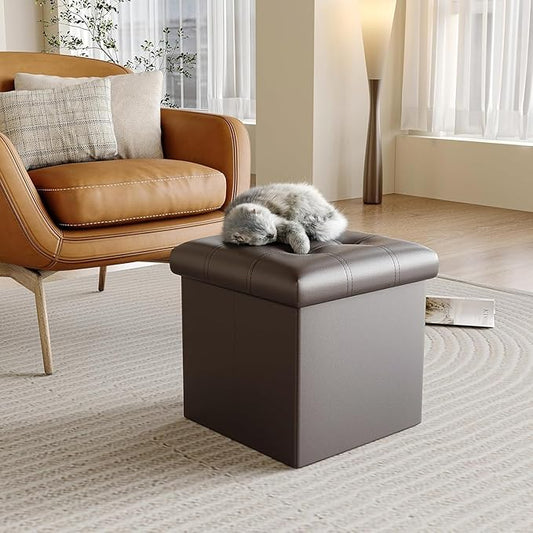 YOUDENOVA 15 inches Folding Storage Ottoman, Cube Storage Boxes Footrest, Small Ottomans with Foam Padded Seat, Support 300lbs (Brown, Leather)