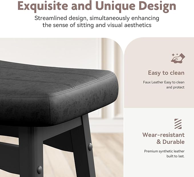 ALPHA HOME Bar Stool, Solid Wood Saddle Kitchen Stool with Black PU Leather Cushion Counter Height Barstool with Wooden Base for Kitchen Dining Cafe, 24 Inch, Black, 1PC…