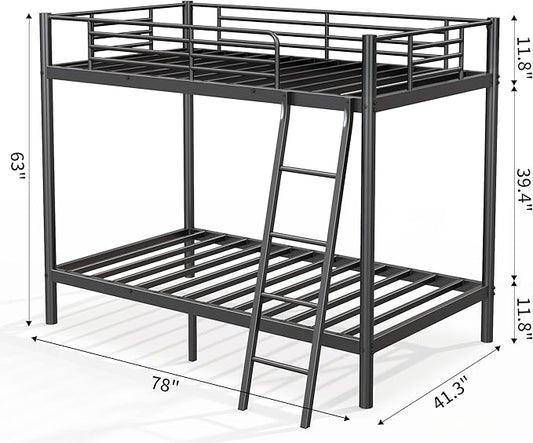 Bunk Bed Twin Over Twin, Heavy Duty Metal Bunk Bed Frame with Angled Ladder for Teens and Adults, for Spaces-Saving, Smooth Rounded Edges, Noise Free & Easy Assembly, Black