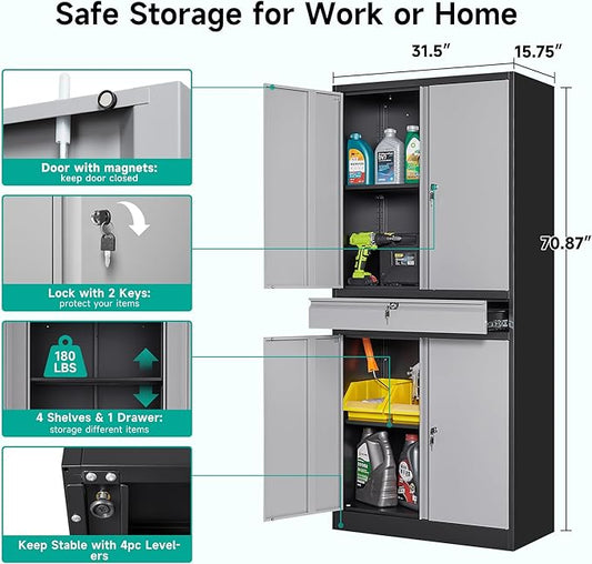 Metal Garage Storage Cabinet with Doors and Shelves, Lock, Drawer - 71" Lockable Steel Cabinet for Home, Office