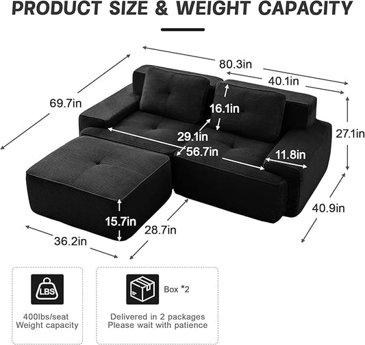 80.3” Black Boneless Couches for Living Room, Modular Sectional Sofa with L-Shape Chaise, 2 Seater Comfy Upholstered Loveseat Deep Seat Corduroy Fabric Cloud Couch No Assembly, Anti-Slip Design