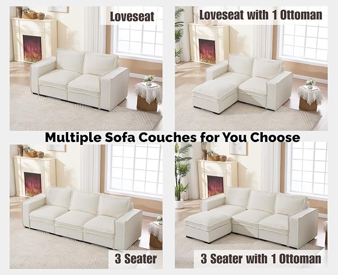 EALSON 93 Inch Modular Sectional Sofa Modern Comfy 3-Seater Couch Sofa Linen Fabric Upholstered Cloud Couches with 24" Deep Seat and Wooden Legs for Bedroom/Living Room/Office, White